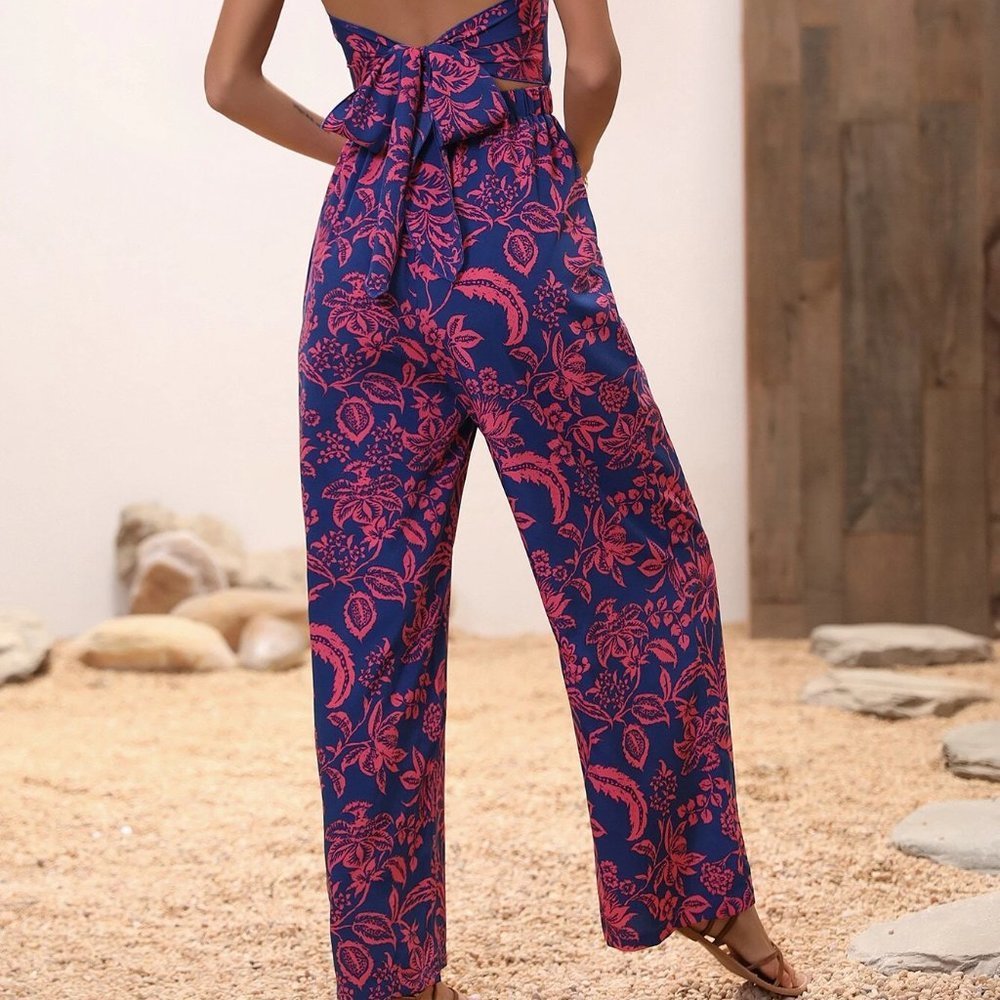 Blue Boho Womens Floral Print Twist Front Cut Out Tie Backless Halter Jumpsuit - Picture 3 of 5